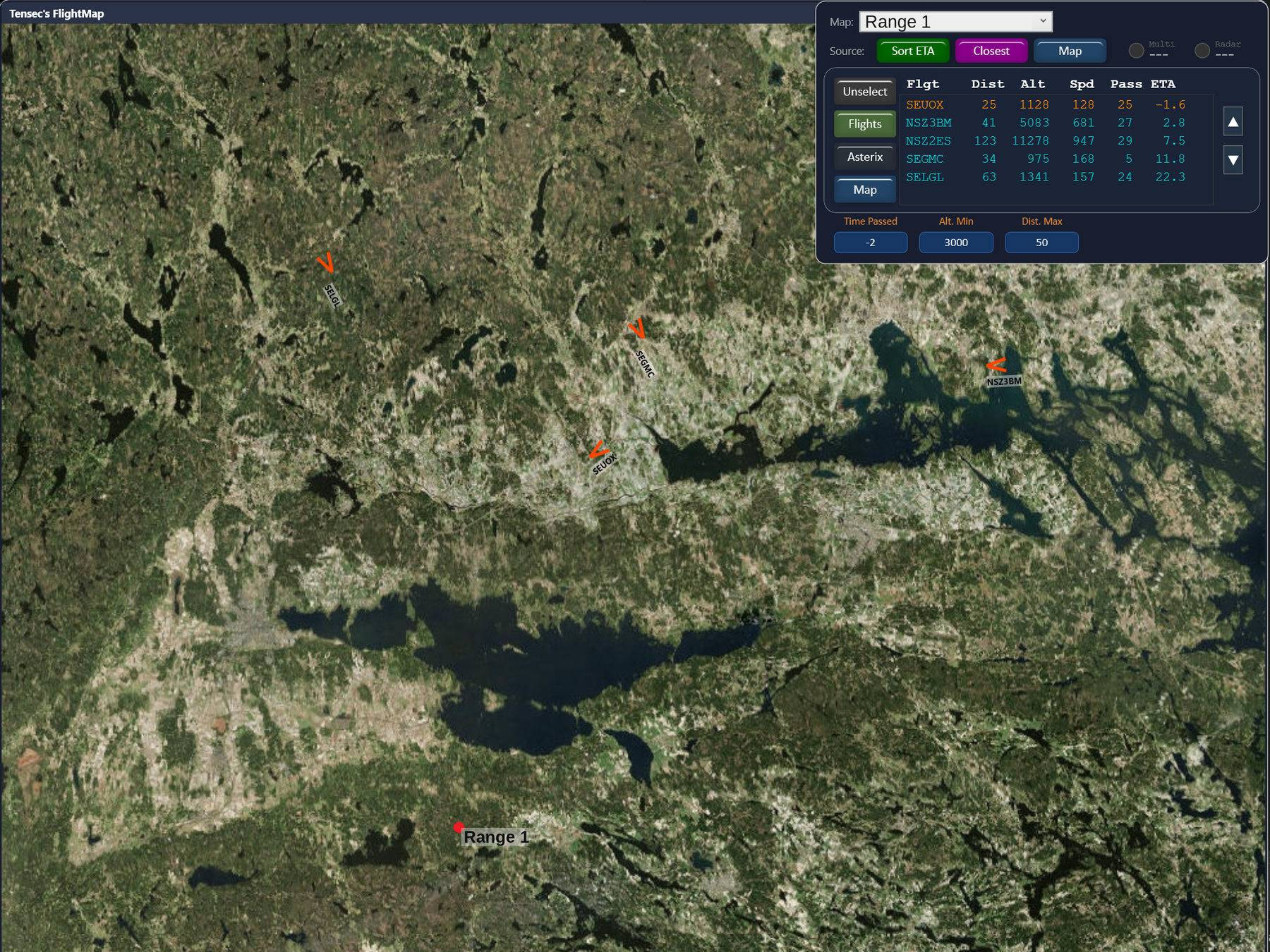 Tensec FlightMap showing civil air traffic around a range, with distance, altitude, speed and time to closest approach
