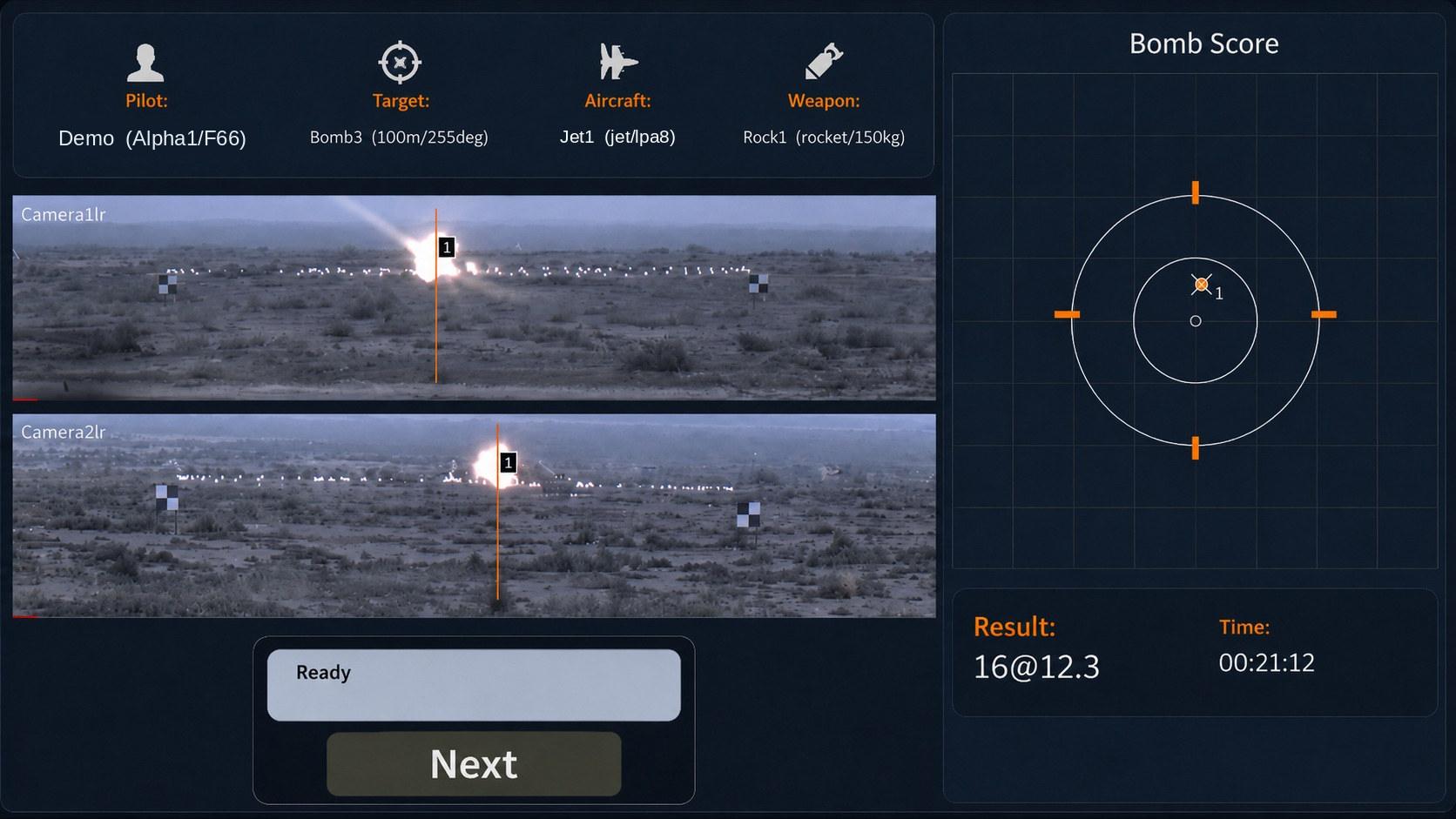 Scoring screen: two synchronised camera views of the same impact, with the scored result beside them