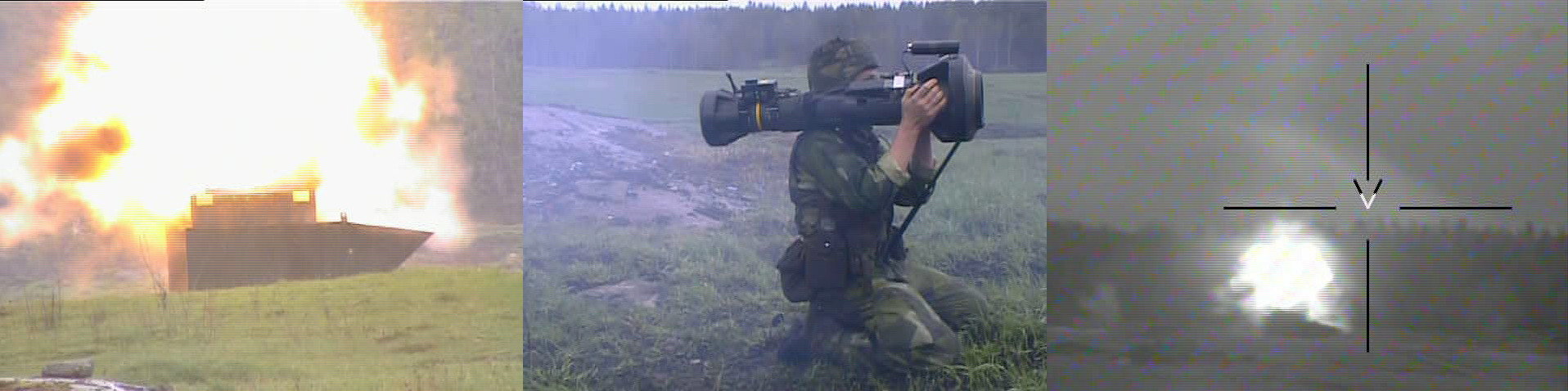 Three frames from one engagement: the round striking an armoured target, the firing position, and the impact fixed under the scoring crosshair