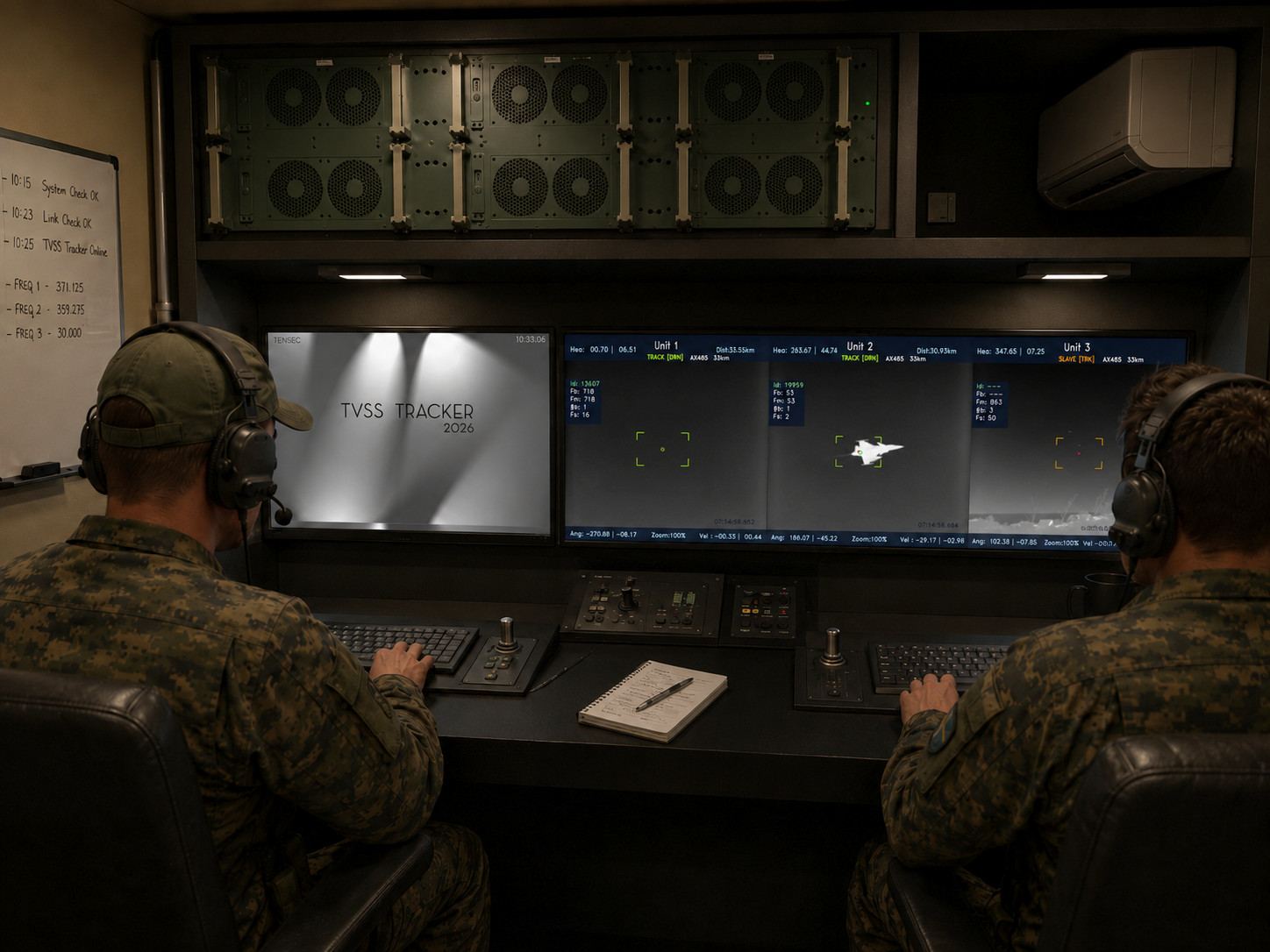 Crews reviewing a sortie at the operator consoles