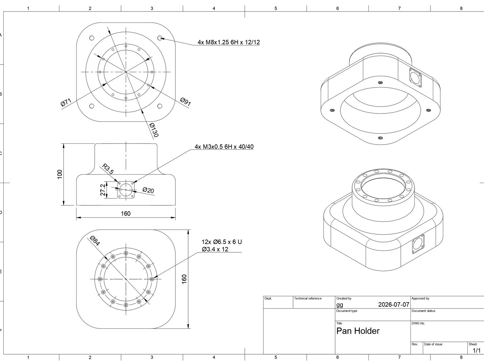 Dimensioned manufacturing drawing of a pan bearing holder