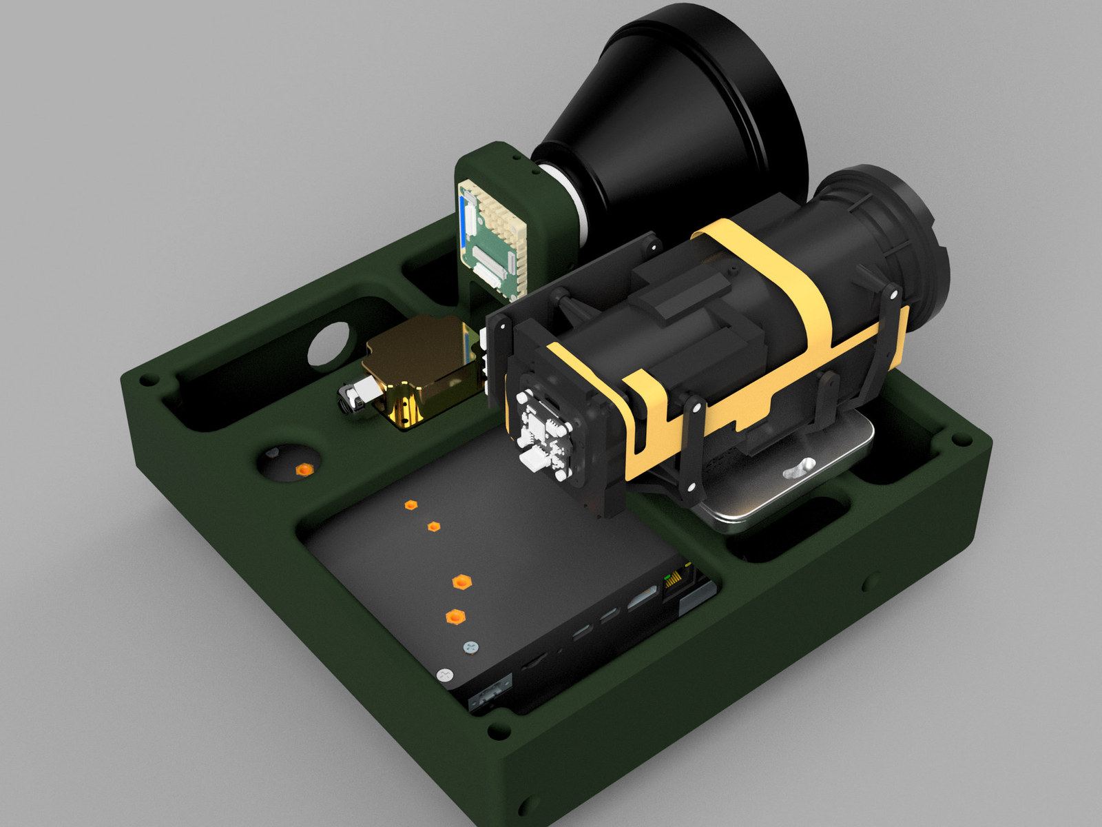 CAD render of a sensor head: thermal objective, daylight camera, inertial unit and computer inside a machined housing