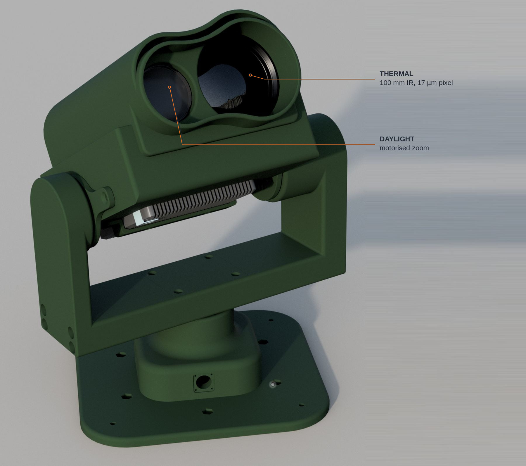 Tracker head with the thermal and daylight apertures marked