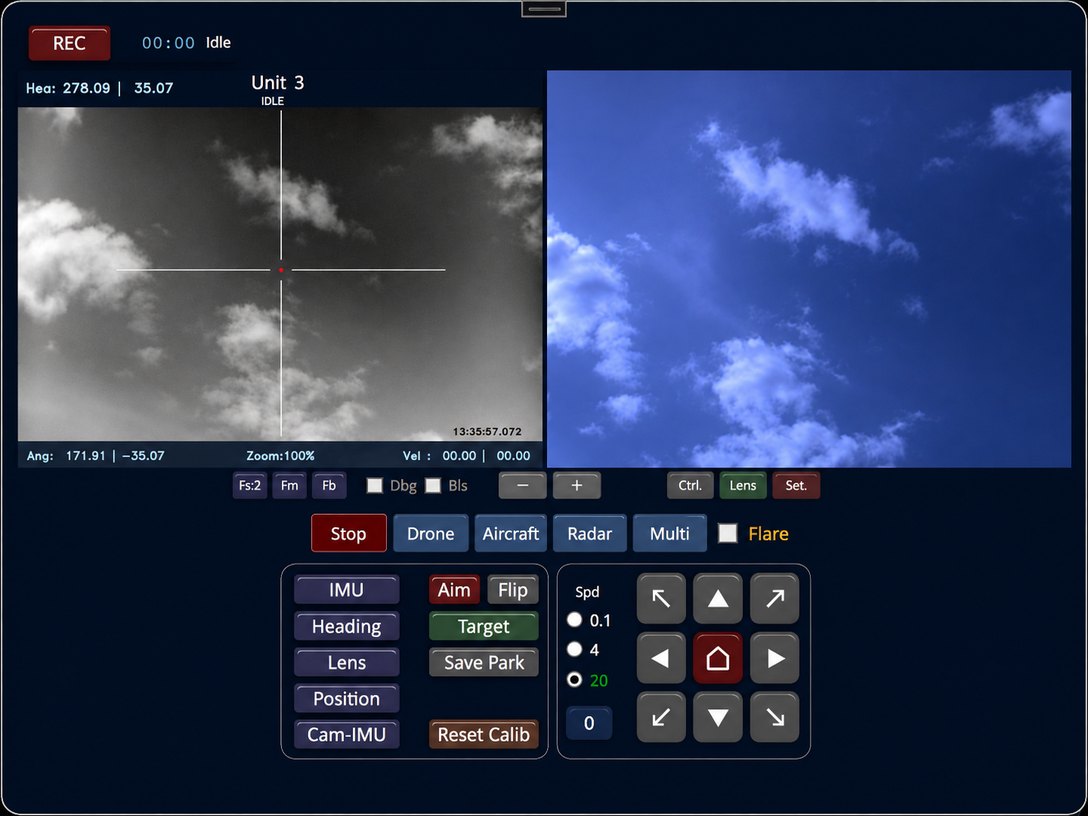 Operator window: thermal and daylight views of the same patch of sky side by side, with target-class controls below